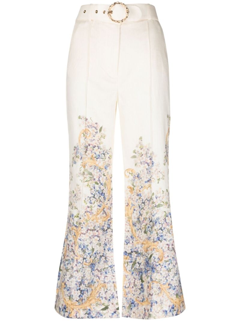 White Tama Floral Print Flared Trousers