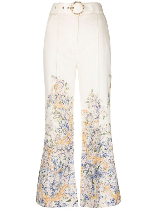 White Tama Floral Print Flared Trousers