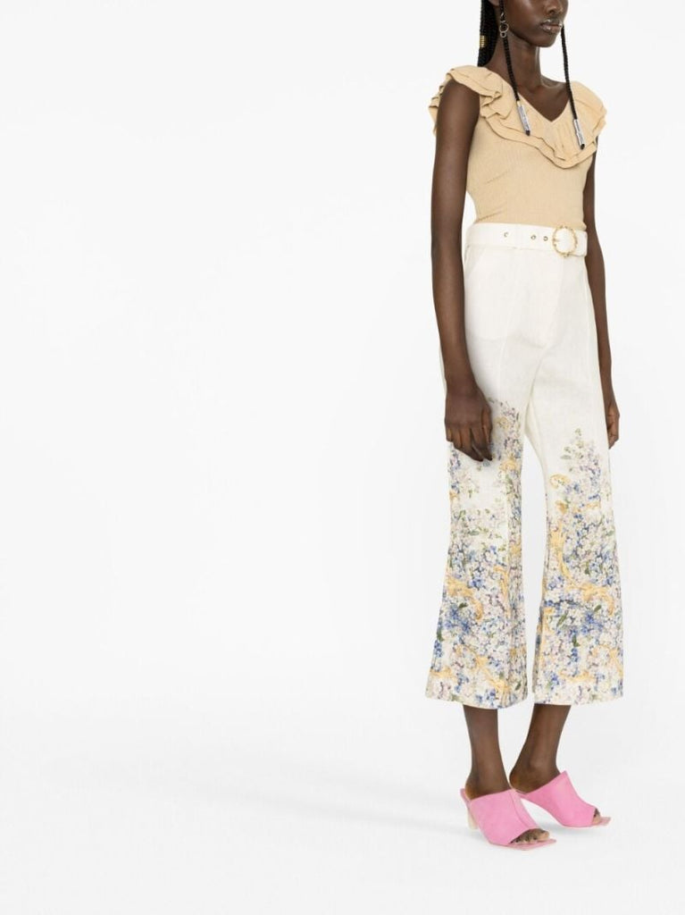 White Tama Floral Print Flared Trousers