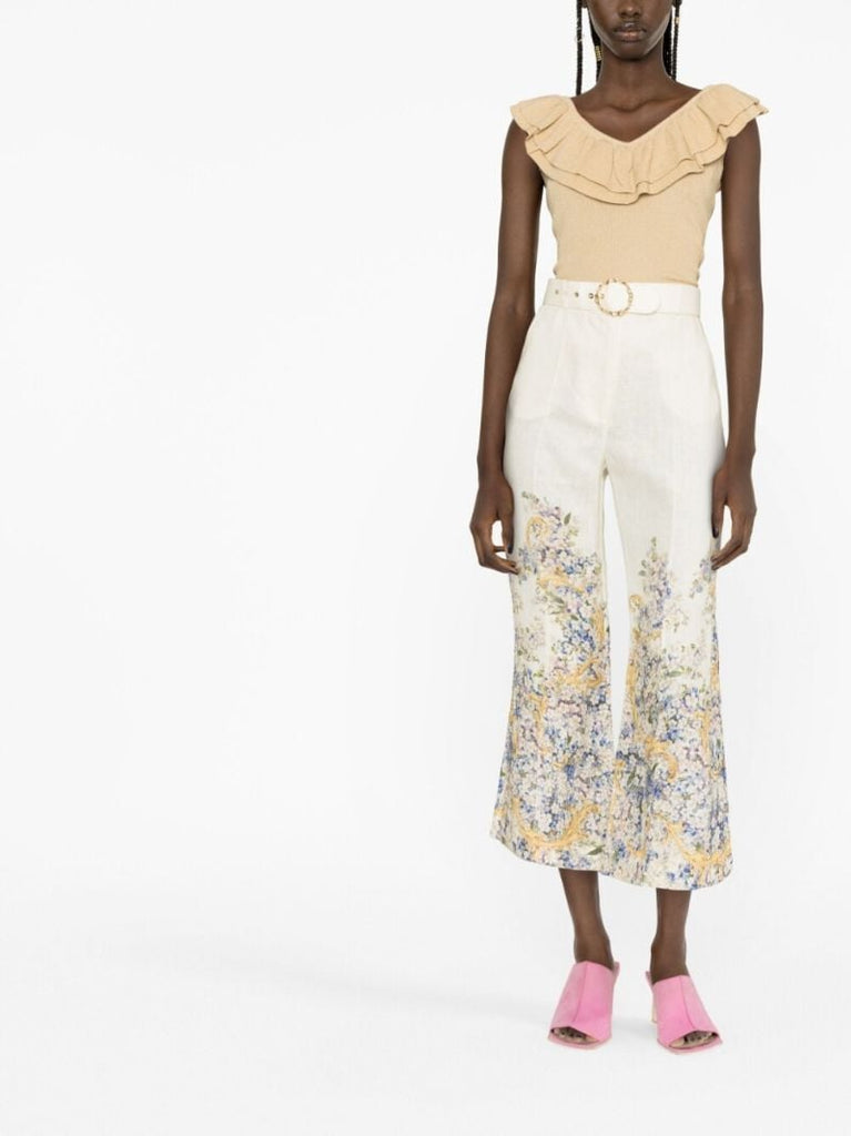 White Tama Floral Print Flared Trousers