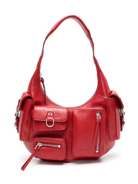 Red Multi-pocket Leather Shoulder Bag