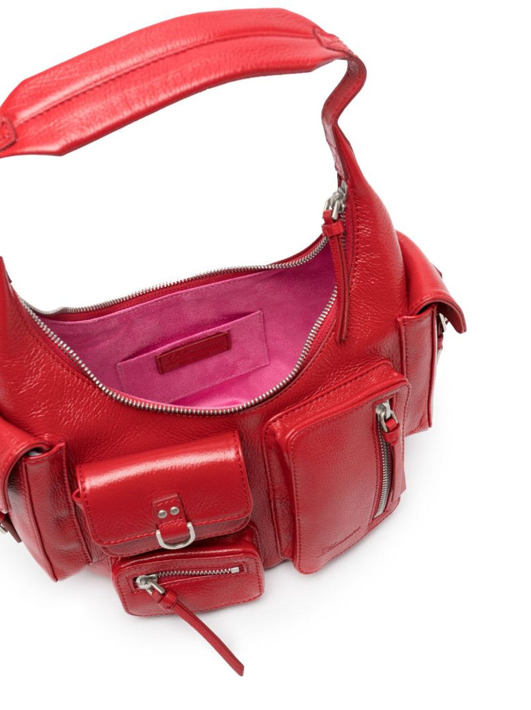 Red Multi-pocket Leather Shoulder Bag