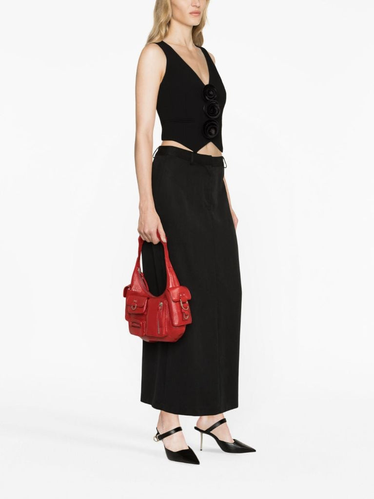 Red Multi-pocket Leather Shoulder Bag