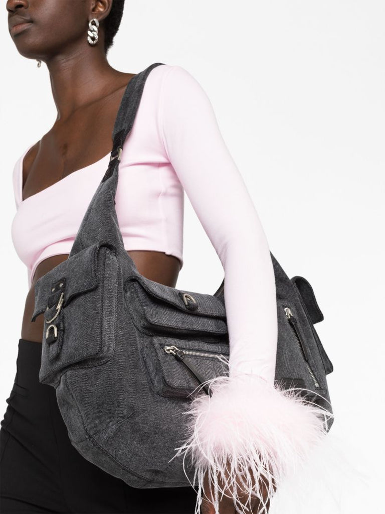 Grey Hobo Large Denim Shoulder Bag