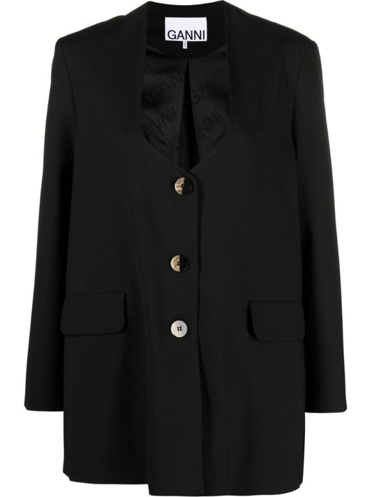 Black Scoop Neck Single Breasted Blazer