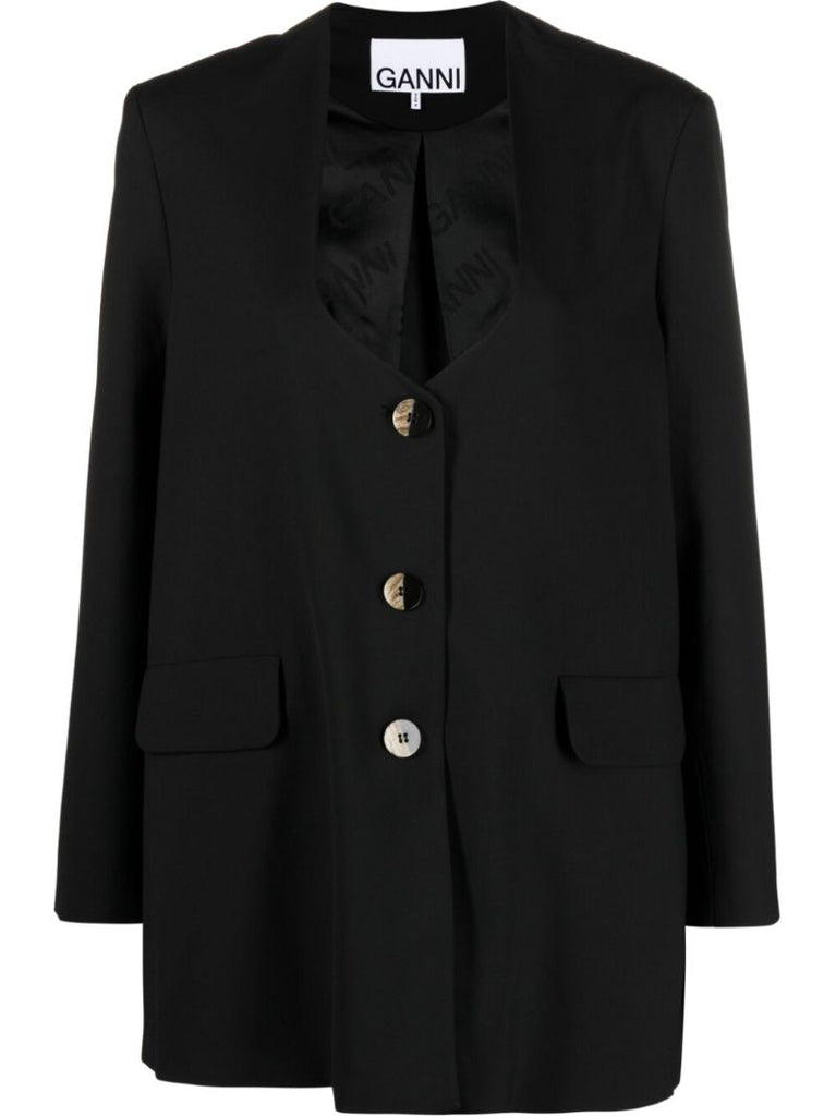 Black Scoop Neck Single Breasted Blazer