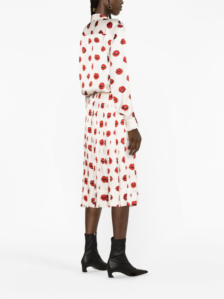 White Tudi Lips Print Pleated Skirt