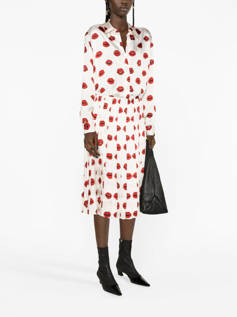White Tudi Lips Print Pleated Skirt
