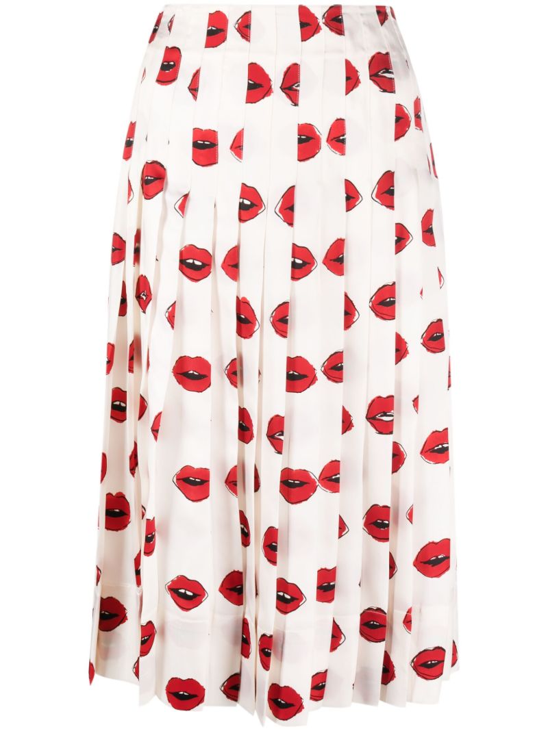 White Tudi Lips Print Pleated Skirt