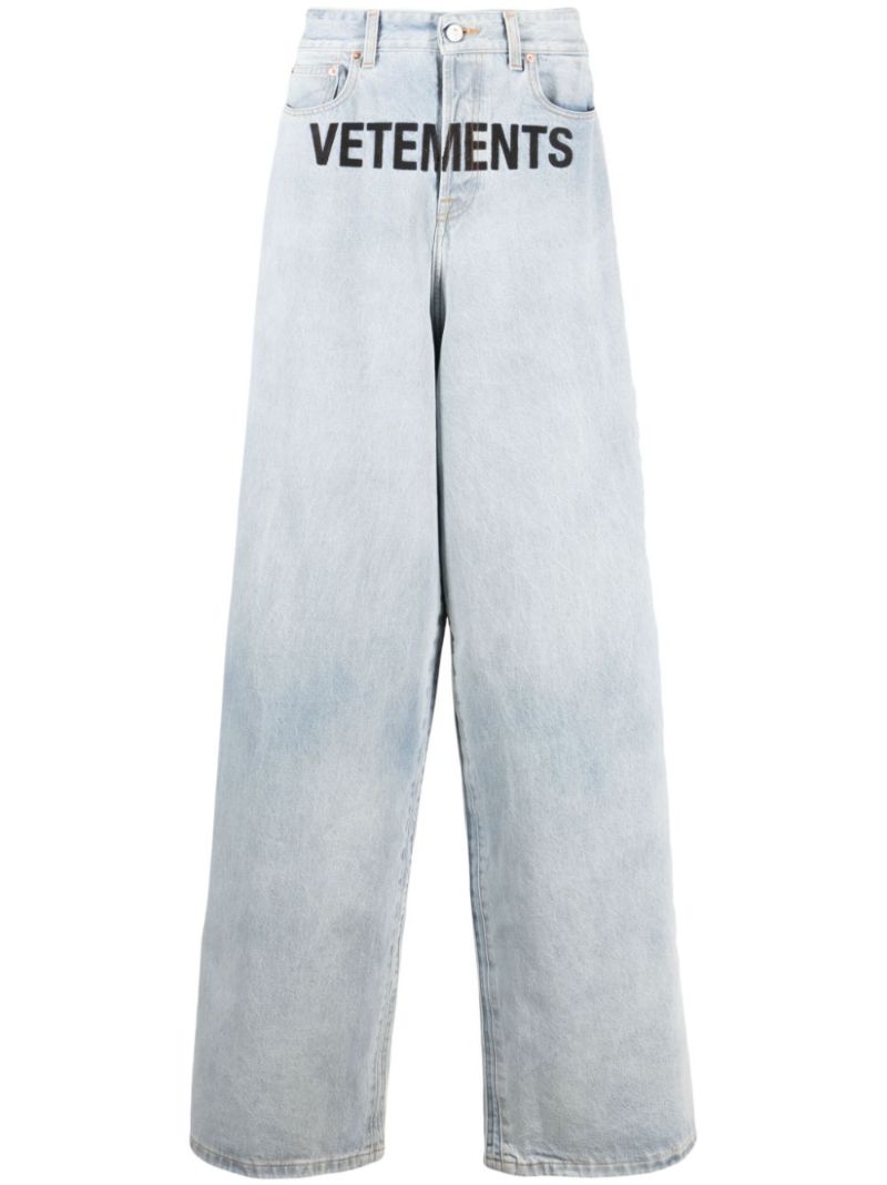 Blue Logo Print Wide-leg Jeans