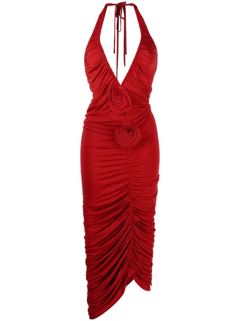 Red Floral-appliquÃ_x0083_Â© Ruched Dress
