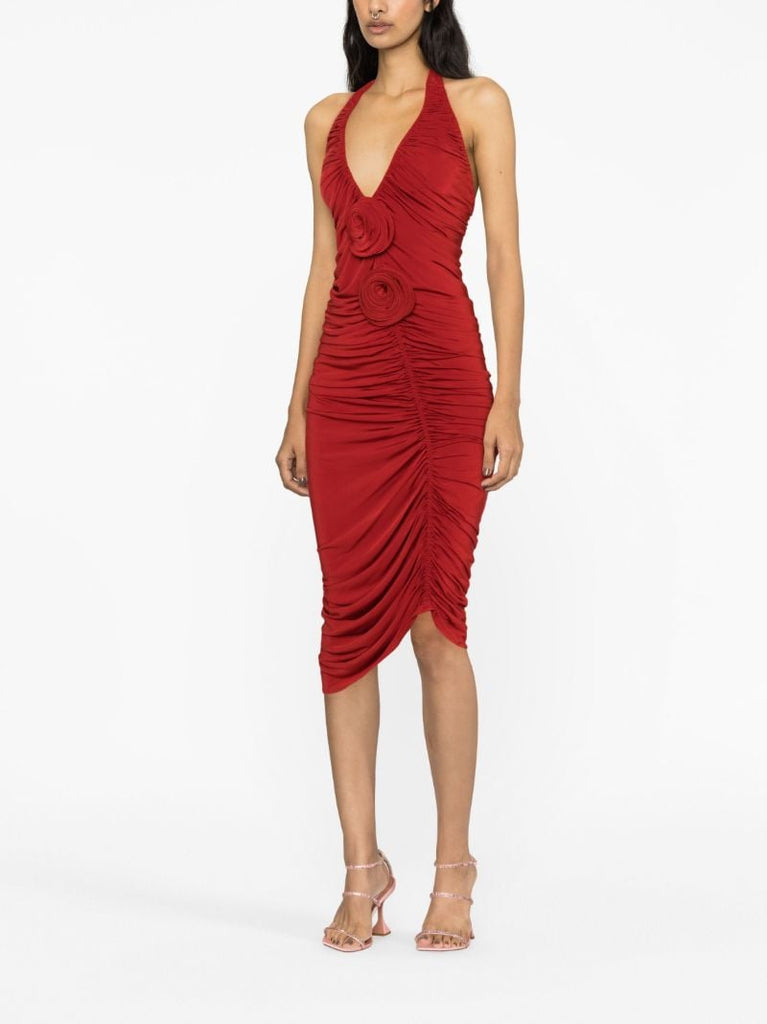 Red Floral-appliquÃ_x0083_Â© Ruched Dress