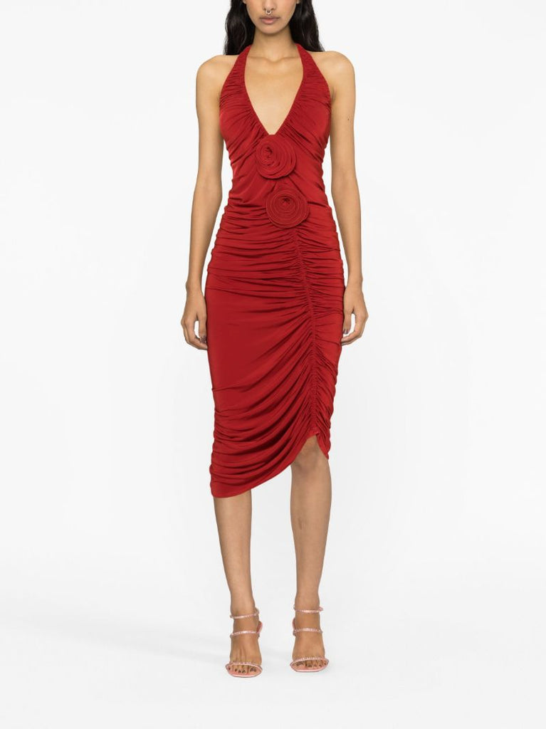 Red Floral-appliquÃ_x0083_Â© Ruched Dress