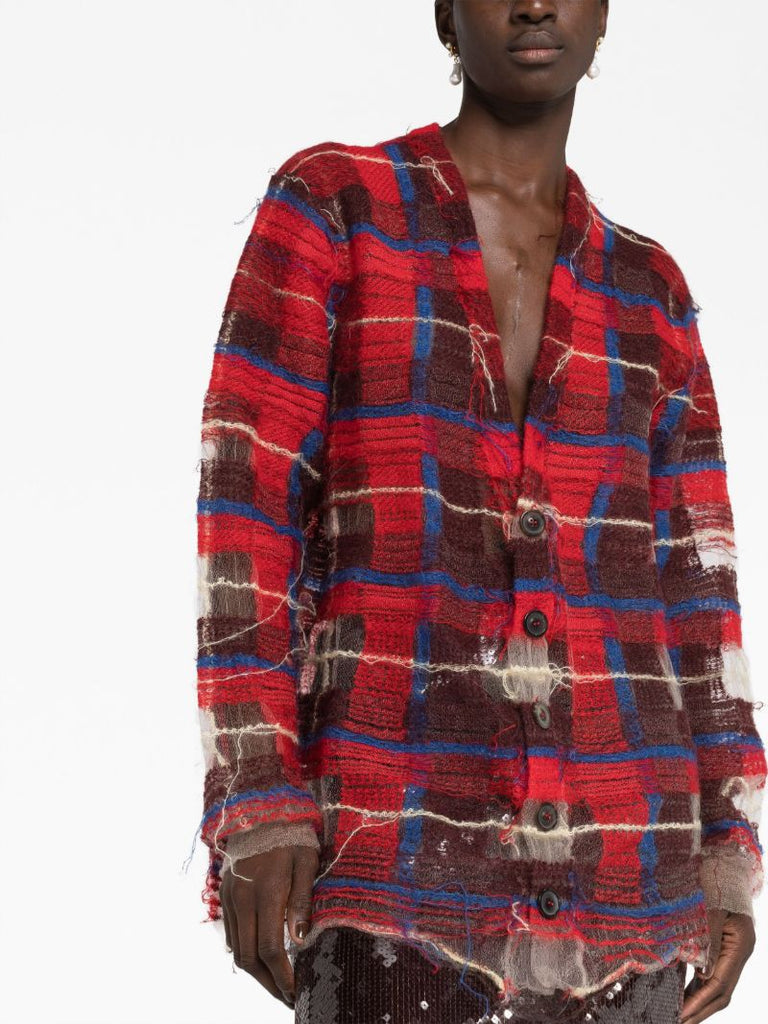 Red Distressed Plaid-print Cardigan