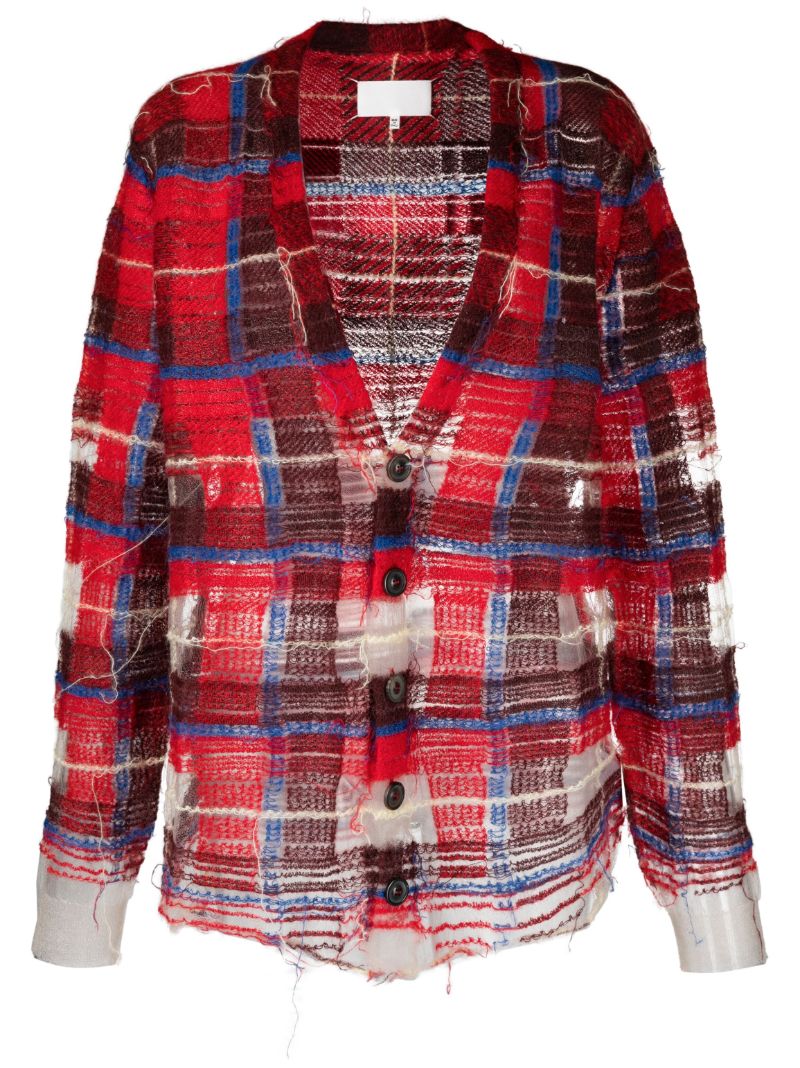 Red Distressed Plaid-print Cardigan