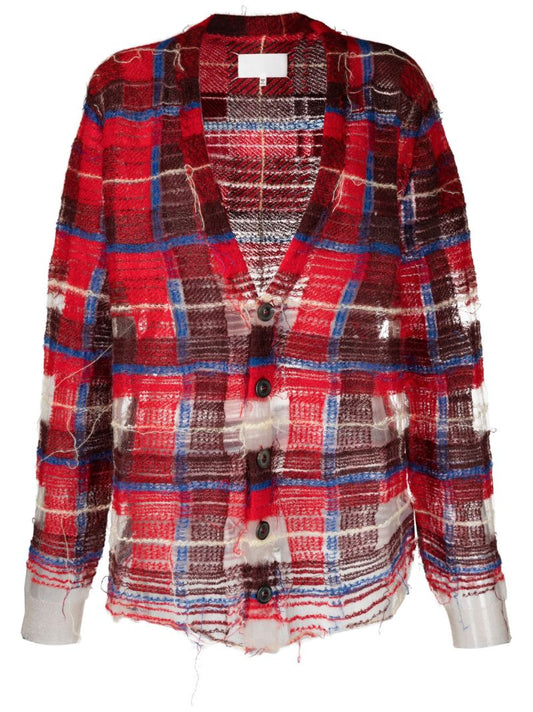 Red Distressed Plaid-print Cardigan