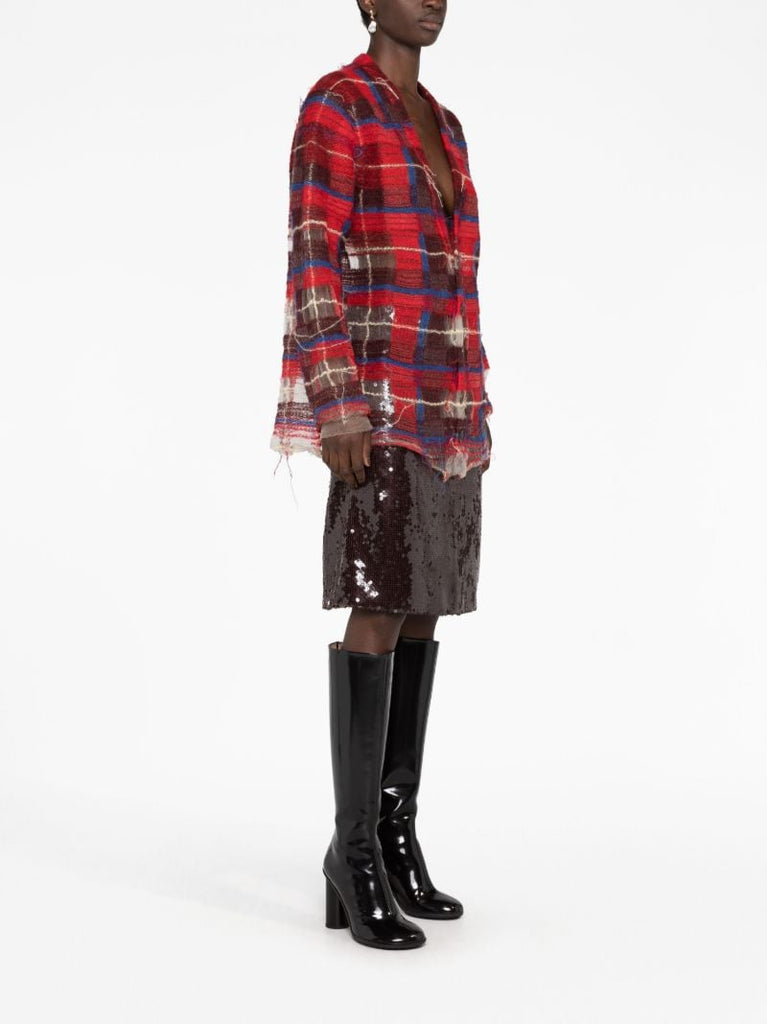 Red Distressed Plaid-print Cardigan