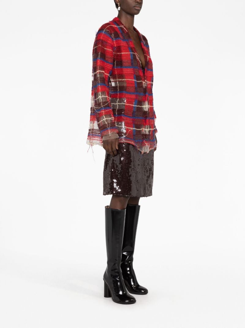 Red Distressed Plaid-print Cardigan