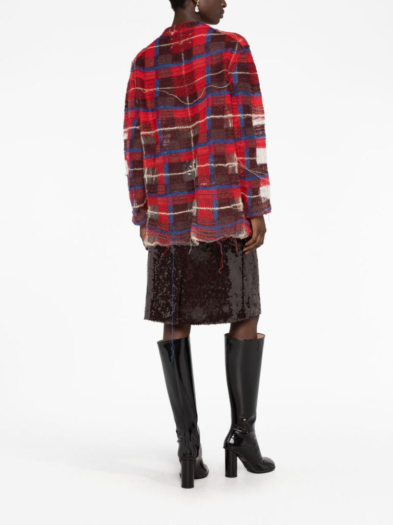 Red Distressed Plaid-print Cardigan