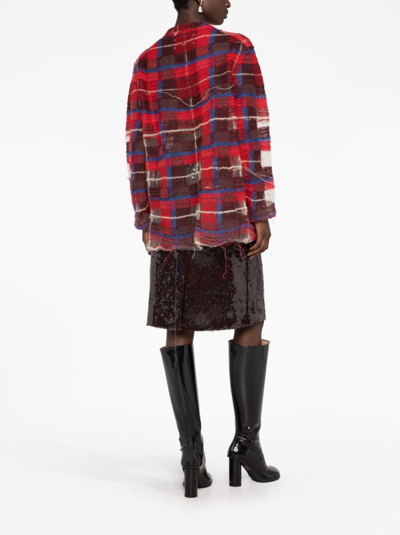 Red Distressed Plaid-print Cardigan