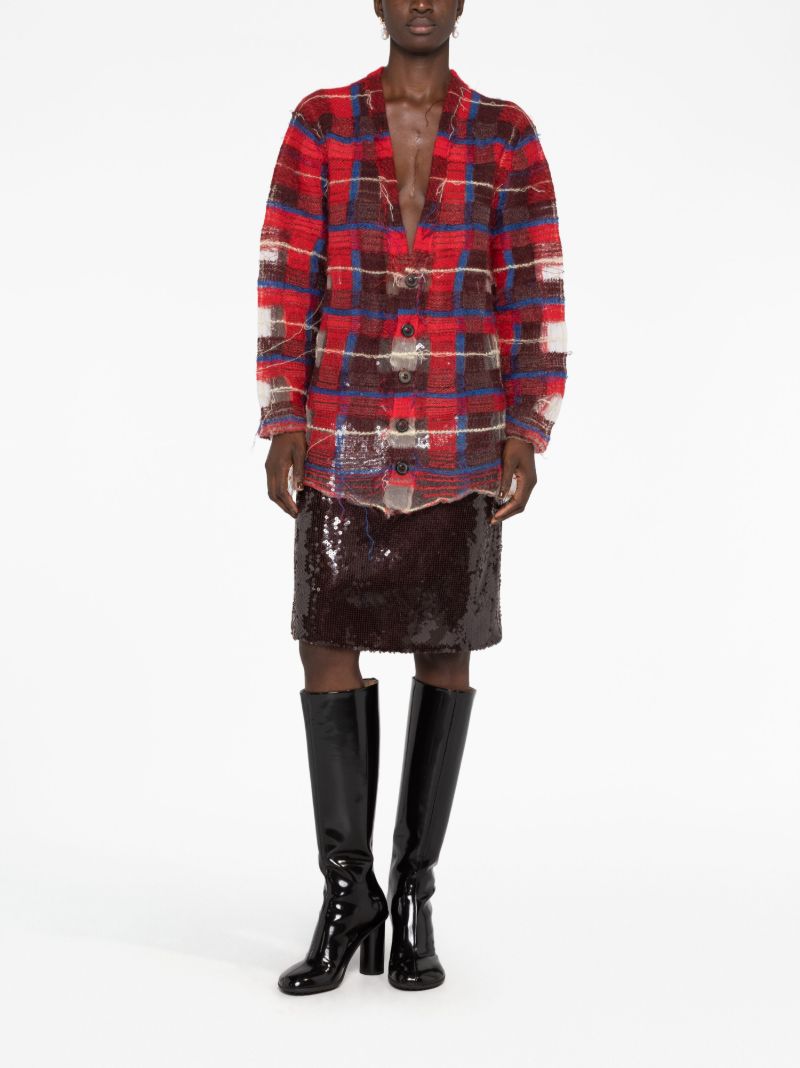 Red Distressed Plaid-print Cardigan