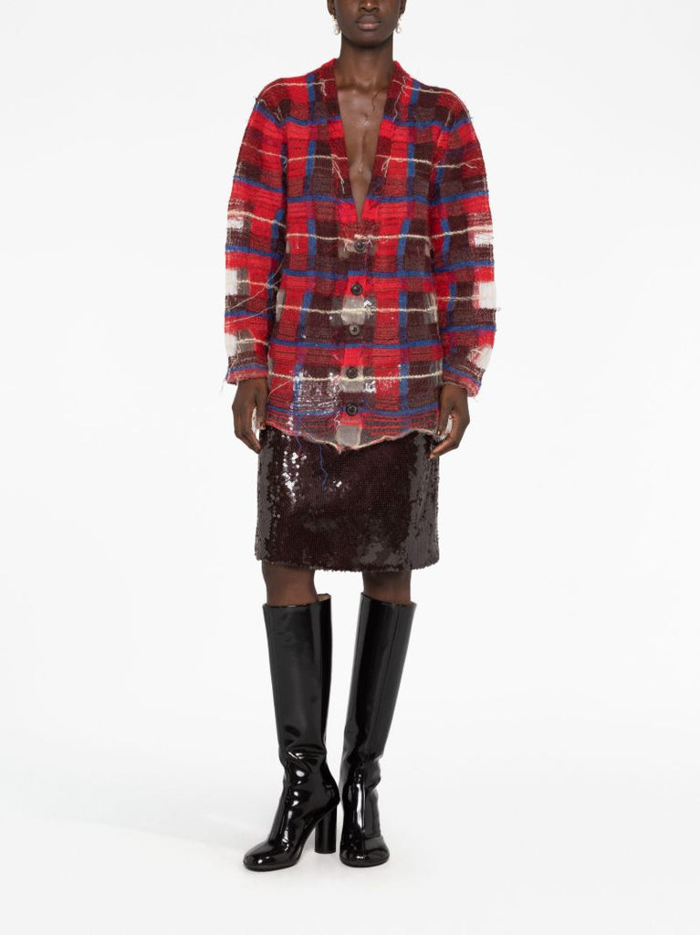 Red Distressed Plaid-print Cardigan
