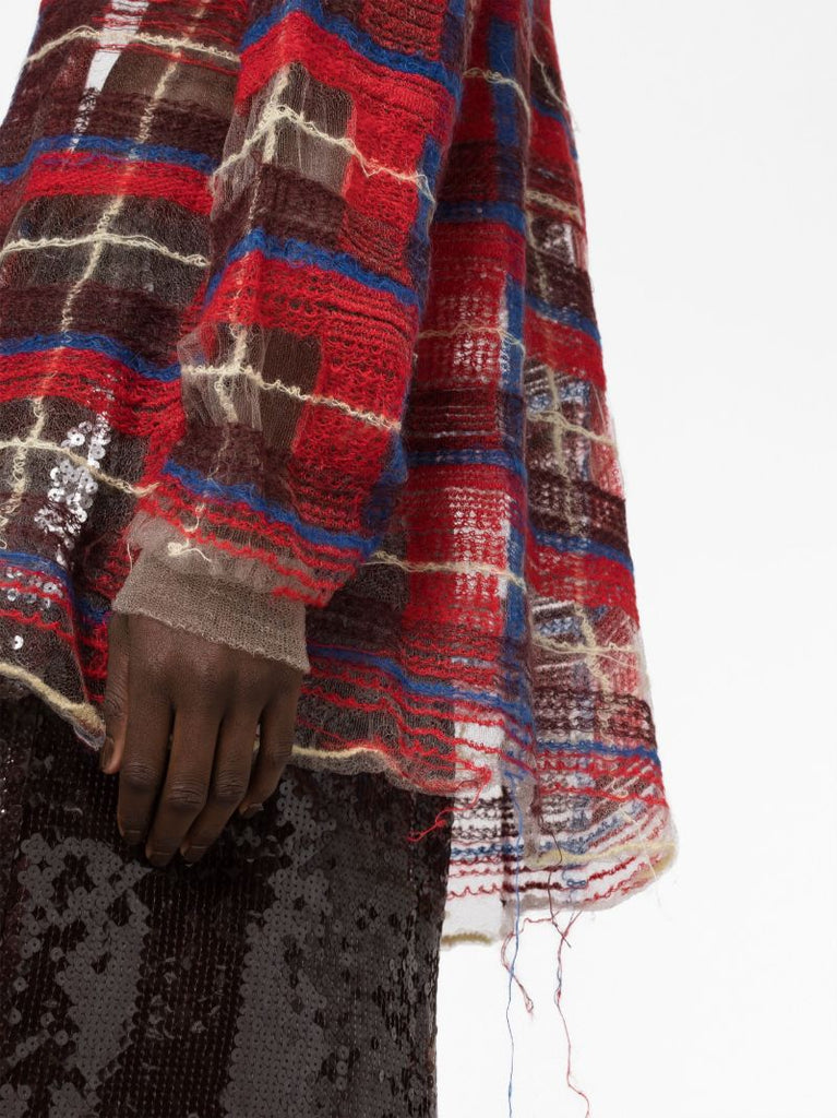 Red Distressed Plaid-print Cardigan