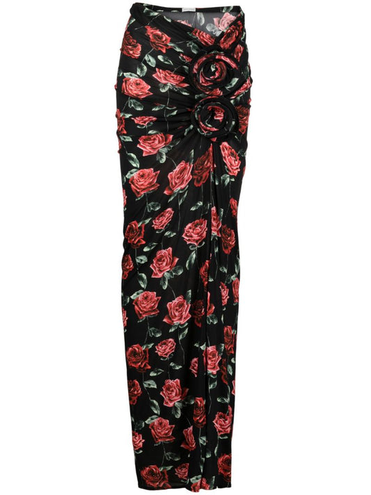 Black Rose-print Draped Maxi Skirt