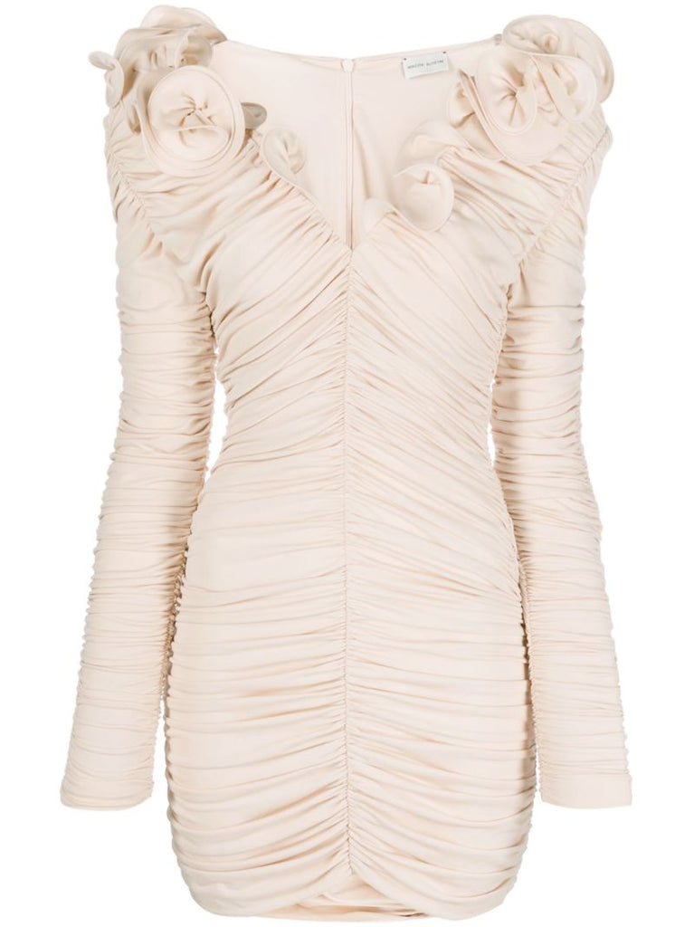 Beige Floral-appliquÃ_x0083_Â© Silk Mini Dress