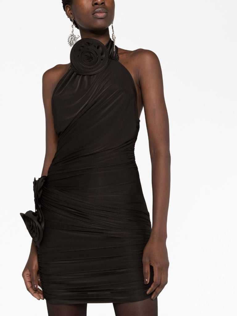Brown Floral-appliquÃ_x0083_Â© Halterneck Dress