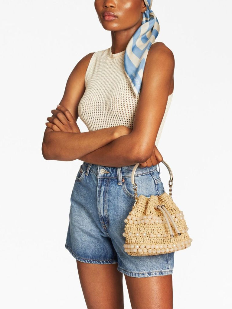 Beige Small Bon Bon Woven Bucket Bag