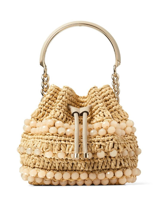 Beige Small Bon Bon Woven Bucket Bag
