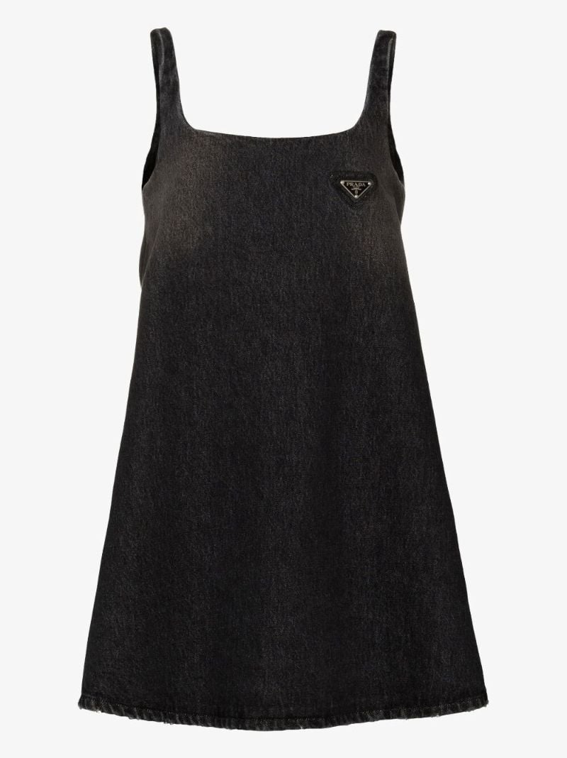 Black Square Neck Logo Plaque Denim Dress