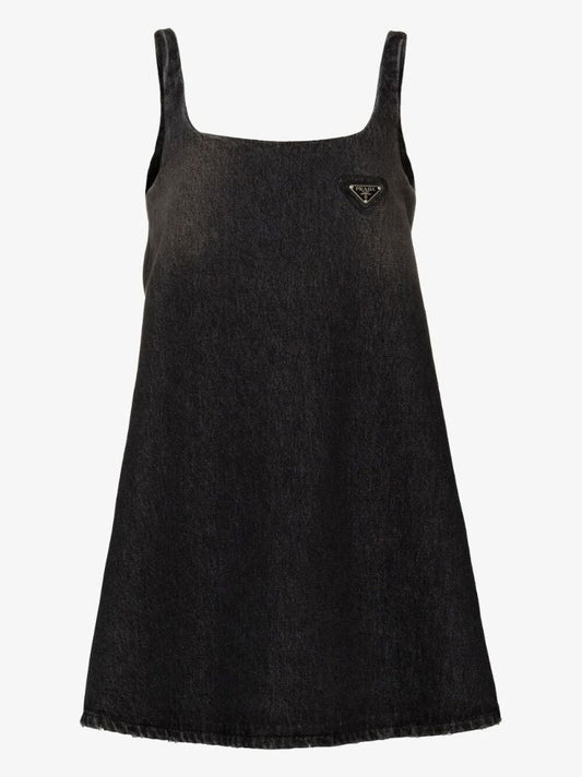 Black Square Neck Logo Plaque Denim Dress