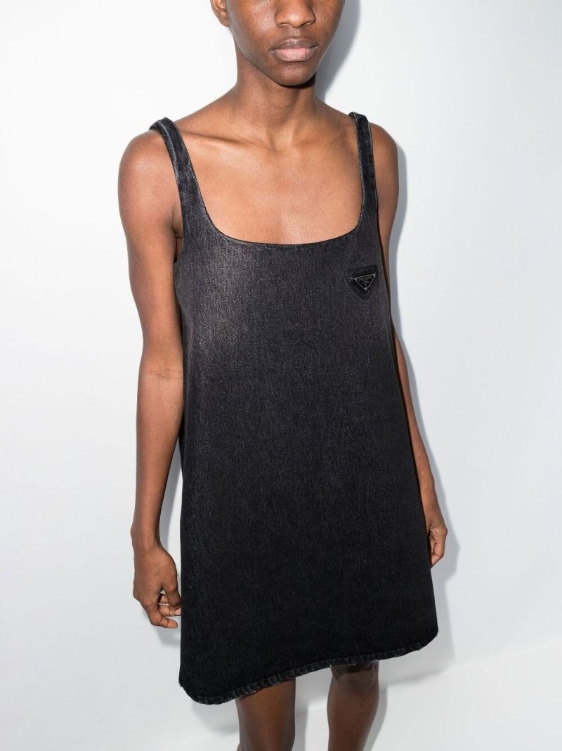 Black Square Neck Logo Plaque Denim Dress