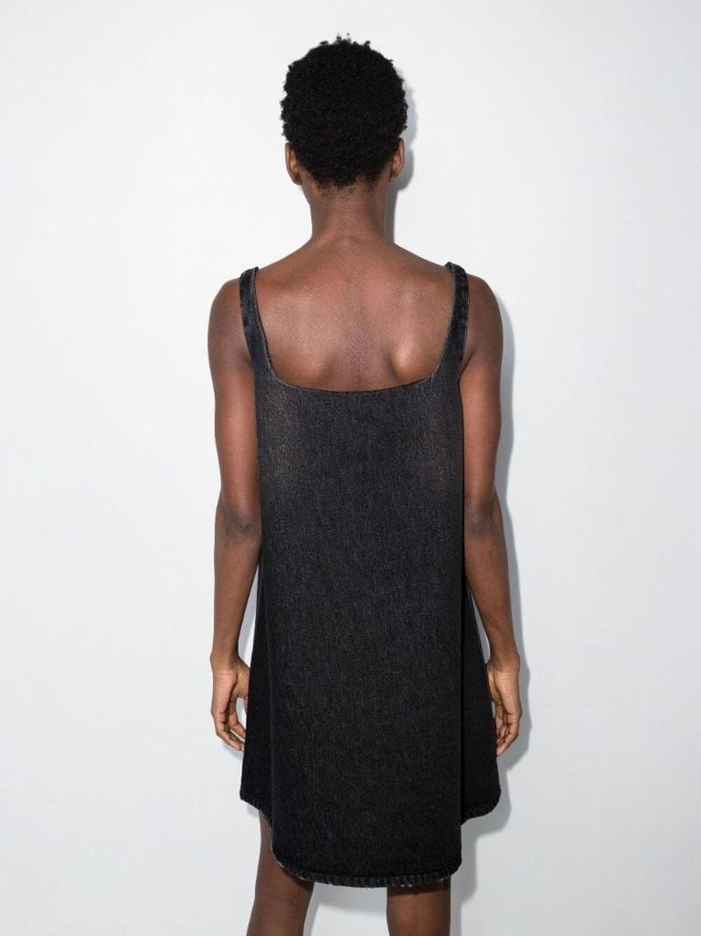 Black Square Neck Logo Plaque Denim Dress