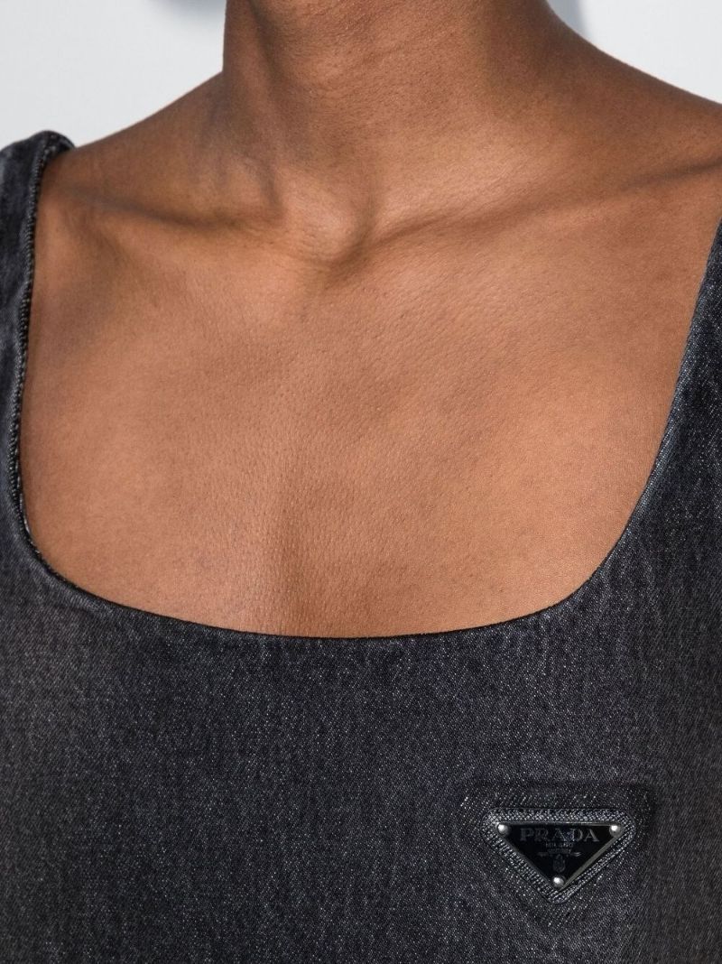 Black Square Neck Logo Plaque Denim Dress
