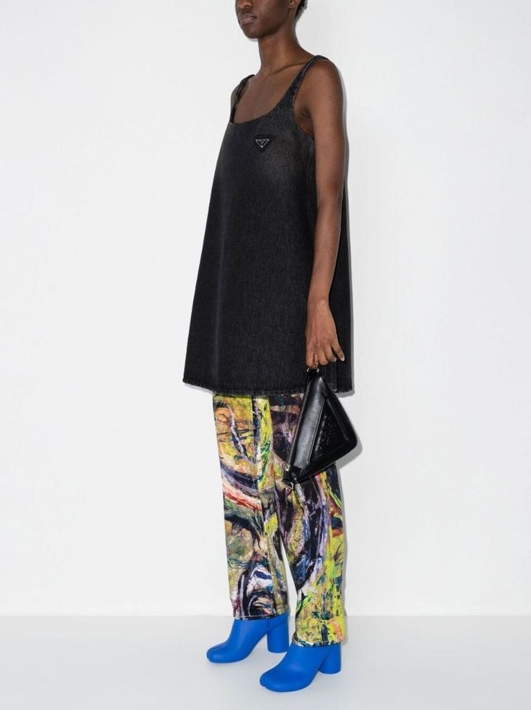 Black Square Neck Logo Plaque Denim Dress
