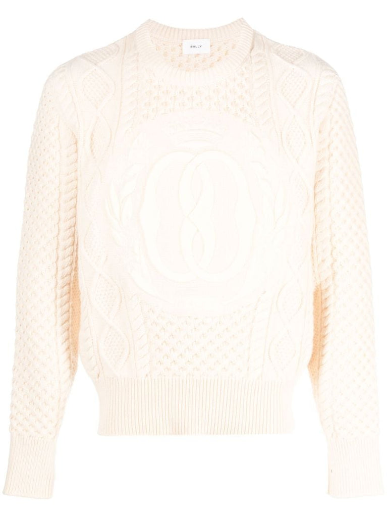 Neutral Logo-jacquard Cable-knit Sweater
