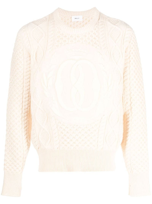 Neutral Logo-jacquard Cable-knit Sweater
