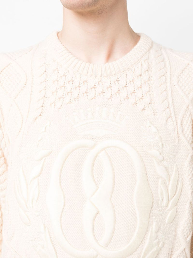 Neutral Logo-jacquard Cable-knit Sweater