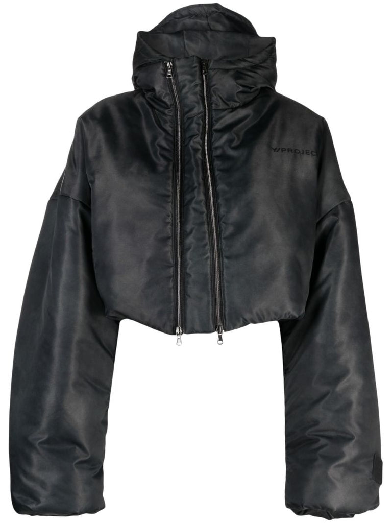 Grey Double-zipper Cropped Puffer Jacket