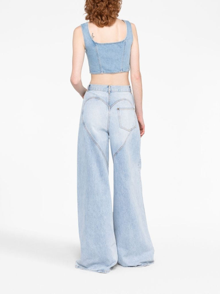 Blue Wide-leg Crystal-embellished Jeans