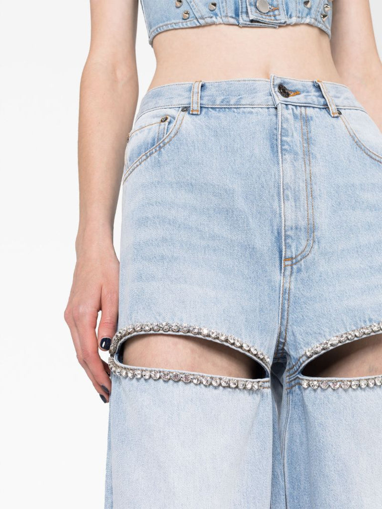 Blue Wide-leg Crystal-embellished Jeans