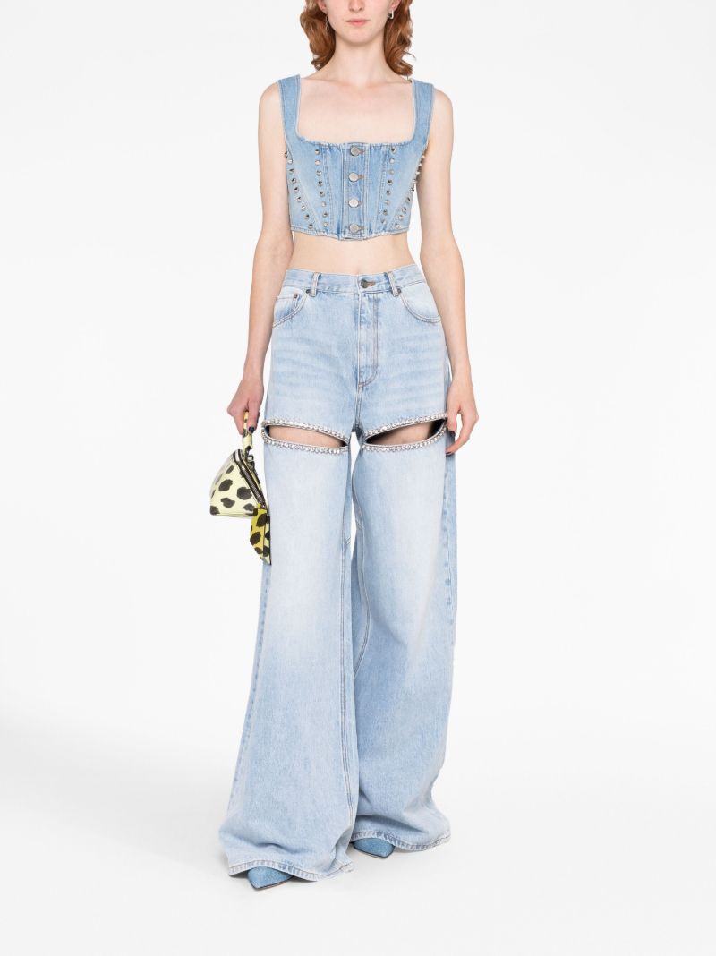 Blue Wide-leg Crystal-embellished Jeans