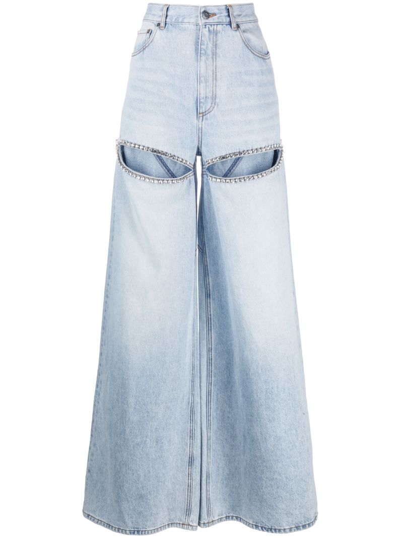 Blue Wide-leg Crystal-embellished Jeans