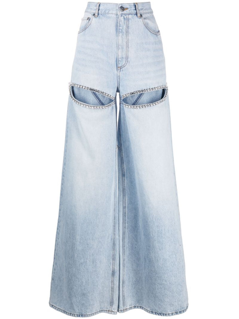 Blue Wide-leg Crystal-embellished Jeans