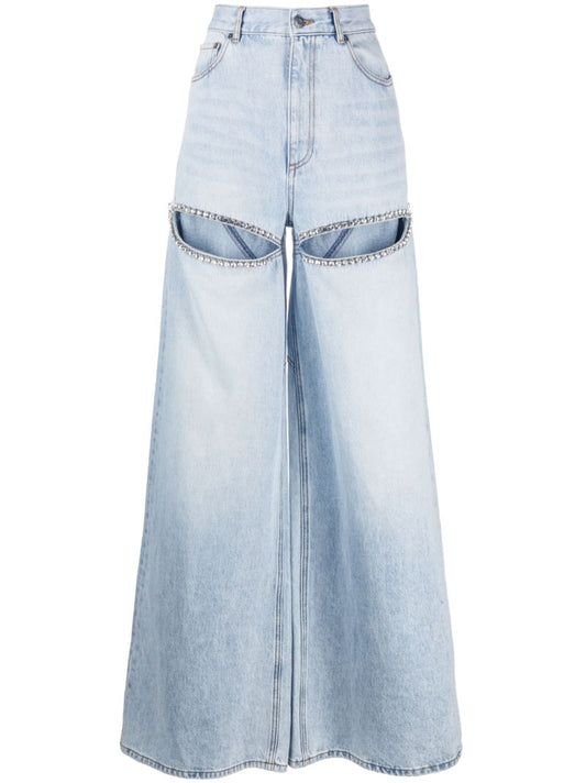 Blue Wide-leg Crystal-embellished Jeans