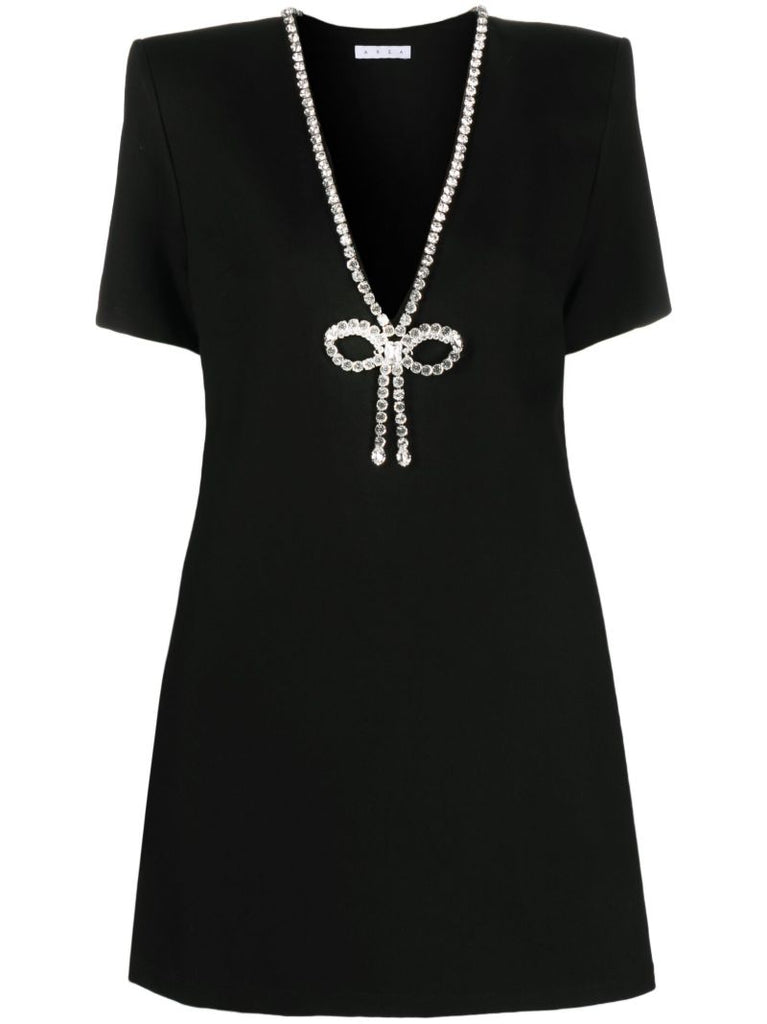 Black Crystal Bow Mini Dress