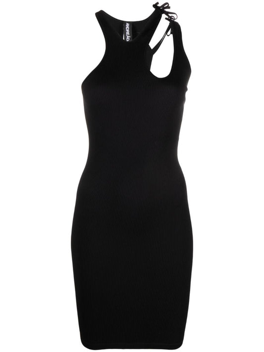 Black Ribbed Asymmetric Sleeveless Dress